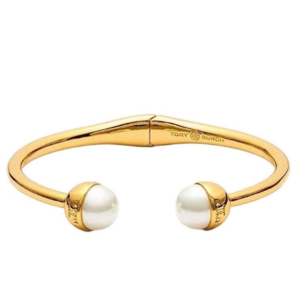 Tory Burch NWT Authentic luxury minimalist RARE logo bead/pearl hinged bracelet